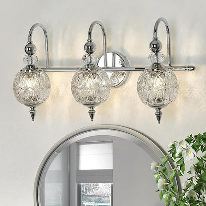 Modern Bathroom Light Fixtures Polished Chrome Vanity Light with Glass Globe LampShade 3 Lights Mid Century G9 Bulb Wall Sconce Indoor Vanity Light Over Mirror for Bedroom Kitchen Hallway