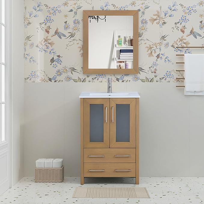 HOMEBEYOND 24 Inch Modern Bathroom Vanity with Sink & Mirror, Single Vanity Cabinet with Basin and Mirror, Dove-Tailed Drawers, Soft-Closing Doors, Wood, Natural Oak