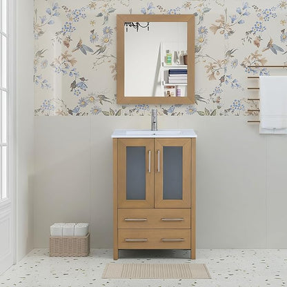 HOMEBEYOND 24 Inch Modern Bathroom Vanity with Sink & Mirror, Single Vanity Cabinet with Basin and Mirror, Dove-Tailed Drawers, Soft-Closing Doors, Wood, Natural Oak