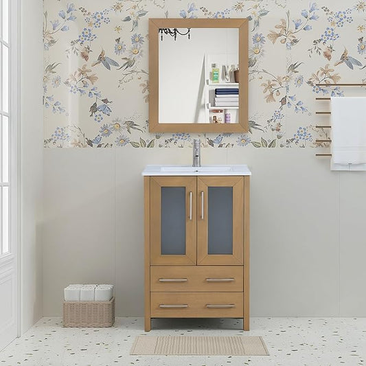HOMEBEYOND 24 Inch Modern Bathroom Vanity with Sink & Mirror, Single Vanity Cabinet with Basin and Mirror, Dove-Tailed Drawers, Soft-Closing Doors, Wood, Natural Oak