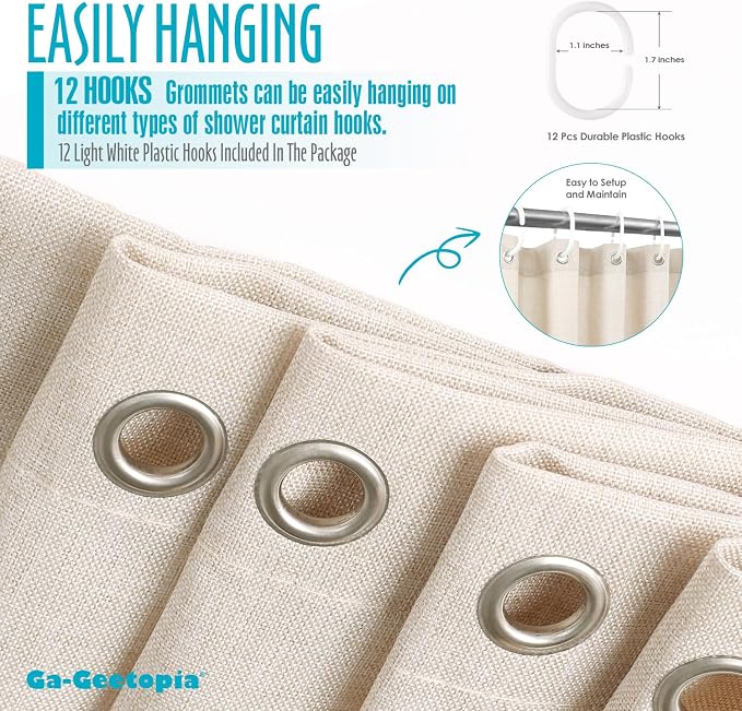Ga-Geetopia Extra Long Linen Textured Shower Curtain Set with Hooks, Beige Boho Farmhouse Bath Shower Curtains for Bathroom Neutral Cloth, Hotel Luxury, Weighted, 72W x 84L, Cream