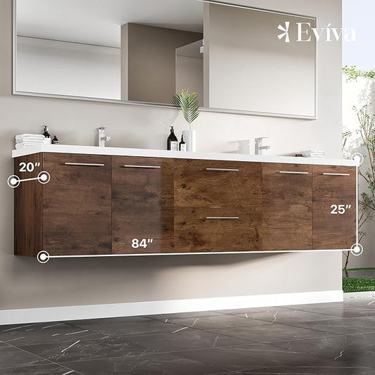 Eviva Lumina 84 in. Rosewood Wall Mount Double Sink Bath Vanity with Acrylic Top and Integrated Sinks