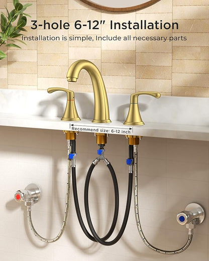 FORIOUS Gold Bathroom Faucet 3 Hole, Widespread Bathroom Sink Faucet 8 Inch with Pop Up Drain and CUPC Supply Hose, 2 Handle for Vanity Rv Commercial Lavatory Restroom