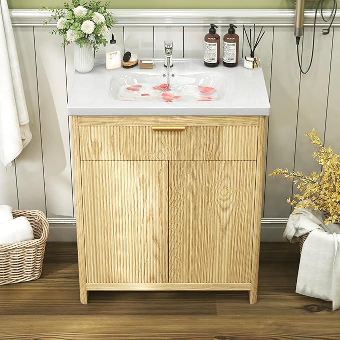 32" Modern Bathroom Vanity with Ceramic Sink, 2 Doors & 1 Drawer, Wooden Storage Cabinet, Actual 31.5" L x 18.5" W x 35.4" H