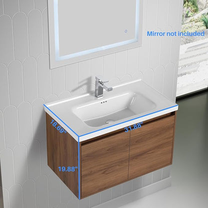 Blossom Modern 32 Inch Floating Bathroom Vanity | Walnut Wood Wall Mount Cabinet & Ceramic Sink | Water-Resistant Wood Core | Soft-Close Minimalist Storage for Master Bath