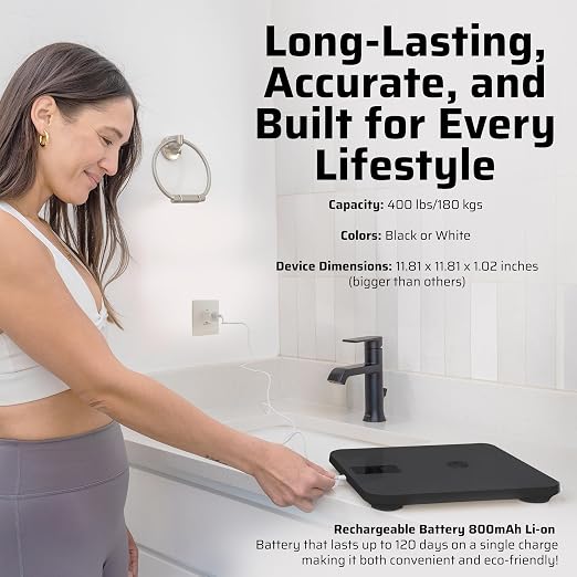 Premium Smart Digital Body Weight Scale - 4 Electrodes – 25+Metrics -Rechargeable- WiFi & Bluetooth - Full Body Analysis -Track Body Fat, Muscle Mass, Fat Percentage, Sleek Design