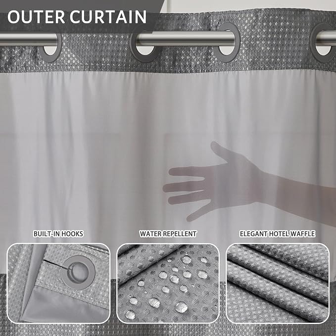 Furlinic No Hook Shower Curtain with Snap in Fabric Liner Set,Waffle Weave Heavy Duty Bathroom Curtain with See Through Window,Waterproof & Machine Washable,Hotel Style,Light Grey,71x72 Inch