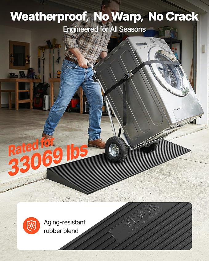 VEVOR 1.2" Rise Cuttable Threshold Ramp for Doorways, 35.4" Wide Natural Rubber Wheelchair Ramp, Non-Slip Solid Rubber Ramp with Double-Sided Tape for Doorways, Driveways, Bathroom, Smooth Tile