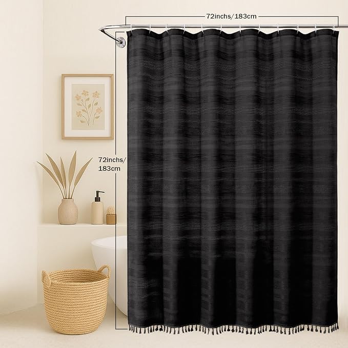 Black Stripe Shower Curtain for Bathroom, Boho Linen Textured Shower Curtain with Tassel, Minimalist Modern Heavy Duty Vintage Country Bathroom Curtain, 72Wx72L Inches