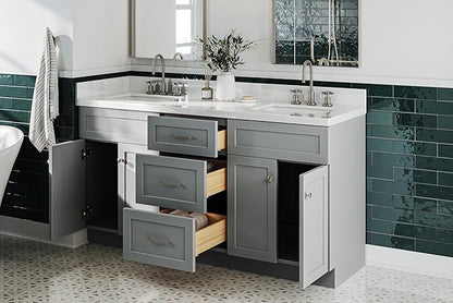 ARIEL Hamlet 66-inch Bathroom Vanity with Sink,Solid Wood, 1.5-inch Pure White Quartz Countertop & Backsplash, Double Rectangular Porcelain Sink, 4 Soft Closing Doors, 3 Dovetail Drawers, Grey