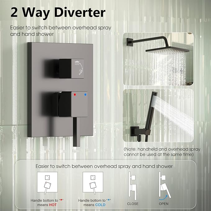Esnbia Shower Faucet Set, Black Shower System with 10 Inches Rain Head and Handheld Spray, 2 Way Valve Kit, Matte Black