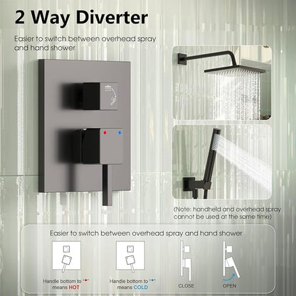 Esnbia Shower Faucet Set, Black Shower System with 10 Inches Rain Head and Handheld Spray, 2 Way Valve Kit, Matte Black