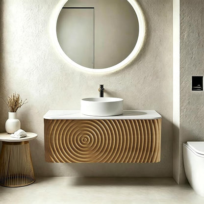 36" Floating Bathroom Vanity with Sink, Mid-Century Wall Mounted Bathroom Vanity Cabinet with Waved Decor, Ceramic Vessel Basin, Sintered Stone Top, Soft Close Storage Drawer, Natural