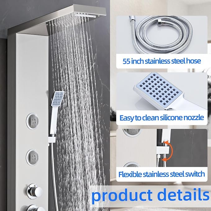 6 in1 Multi-Function Shower Panel Tower System-Brushed Gray | 304 stainless steel Shower Panel Column Tower with Powerful Body Massage, Rainfall, Waterfall,Handheld and Tub Spout