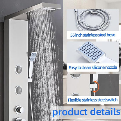 6 in1 Multi-Function Shower Panel Tower System-Brushed Gray | 304 stainless steel Shower Panel Column Tower with Powerful Body Massage, Rainfall, Waterfall,Handheld and Tub Spout