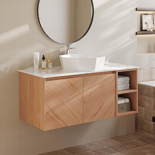 36 Inch Floating Vanity Bathroom with Single Sink, Wall-Mounted Floating Bathroom Cabinet with Sintered Stone Countertop & White Ceramic Basin, Ample Storage and Open Shelves, Light Wood