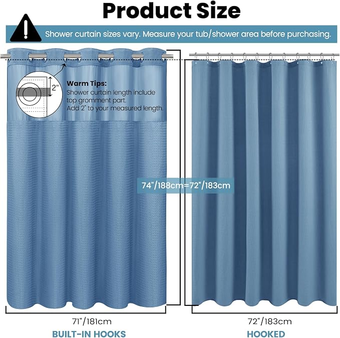 SORTTO No Hook Shower Curtain with Snap in Liner Set Waffle Shower Curtain for Bathroom Hotel Style Fabric Waterproof Inner Liner，71" W x 74" H, Sky Blue