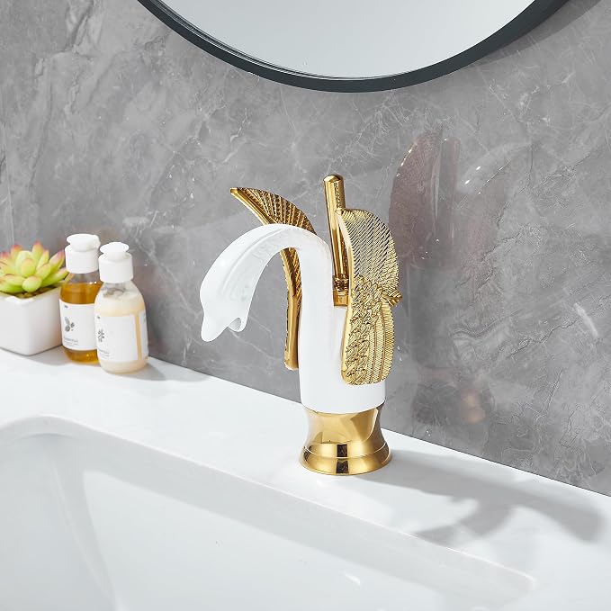Bathroom Faucet White Mixed Gold Swan Single Handle 1 Hole Bathroom Vanity Faucet Basin Tap Deck Mount Lavatory