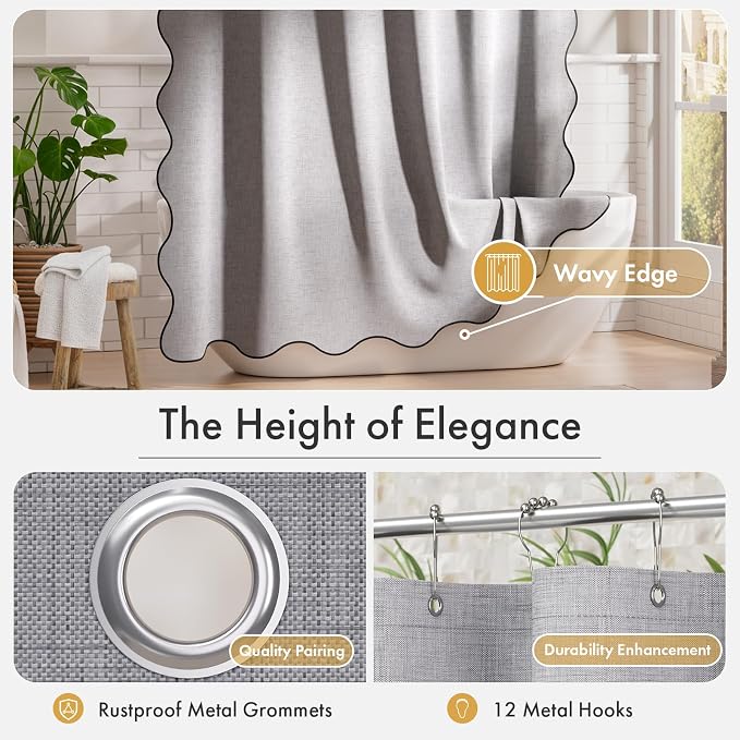 Bathway Modern Scalloped Shower Curtain Linen Textured, Light Gray Shower Curtain Set with 12 Metal Hooks, Neutral Cute Elegant Shower Curtain with Black Border for Bathroom, 72x72 Inches