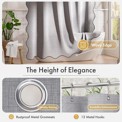 Bathway Modern Scalloped Shower Curtain Linen Textured, Light Gray Shower Curtain Set with 12 Metal Hooks, Neutral Cute Elegant Shower Curtain with Black Border for Bathroom, 72x72 Inches