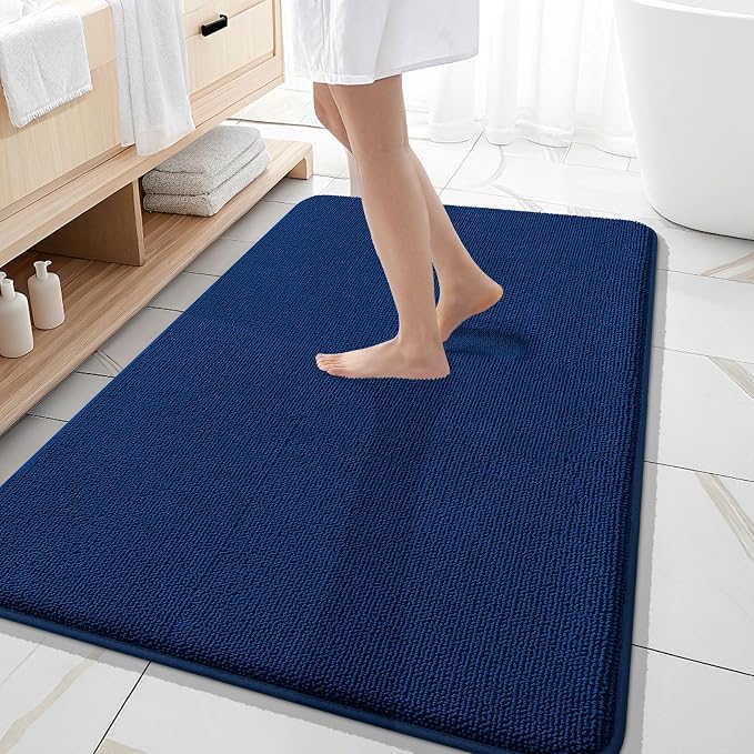 OLANLY Thick Memory Foam Large Bathroom Rug 59x35, Absorbent Bath Mat, Navy | Soft Quick Dry Bath Rugs, Non-Slip Carpet, Machine Washable Mat for Bathroom Floor, Tub and Shower, Home Decor Accessories