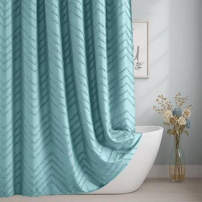 84inches Extra Long Teal Shower Curtain Boho Farmhouse Shower Curtain 72 x 84 Tufted Chevron Textured Minimalist Shower Curtains for Bathroom