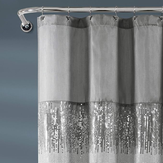 Lush Decor Night Sky Shower Curtain, Single, 72" W x 72" L, Gray & White - Sequin Shower Curtain - Sparkly Color Block Bath Curtain - Modern Glam Bathroom Decor