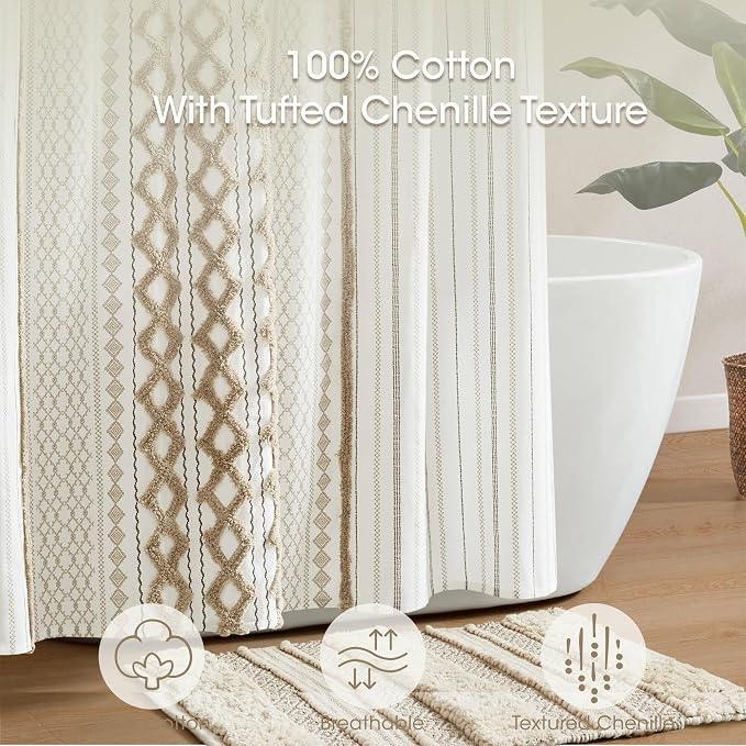 INK+IVY 100% Cotton Tufted Shower Curtain for Bathroom, Neutral, 72 x 72 | Machine Washable, Boho Tufted Chenille Modern Home Bathroom Decor, Bathtub Privacy Screen, OEKO-TEX Certified