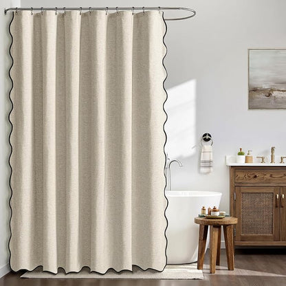 MIULEE 72"x84" Extra Long Scalloped Linen Shower Curtain Natural | Linen Textured, Waterproof, Washable, 12 Metal Hooks, Heavy Duty Cloth, Black Border, Shower Curtain for Bathroom Bathtub