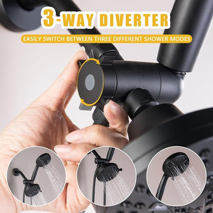 2 Handle Shower Faucet Wall Mounted Two Handles Shower Faucet Set with 8 Modes Rainfall Shower Head and 10 Modes Handheld 2 Knobs Shower Trim Kit with Rough-in Valve, Matte Black