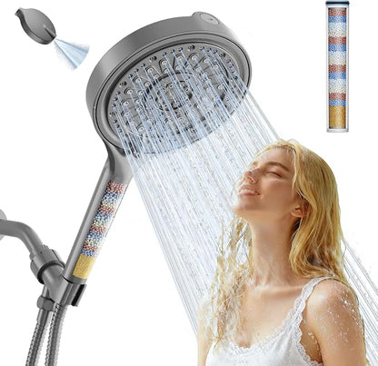 Filtered Shower Head, 6 Inch High Pressure Handheld Shower Filter Head for Hard Water, 6 Spray Modes Water Softener Showerhead with Hose and Shower Arm Bracket, Dark Grey