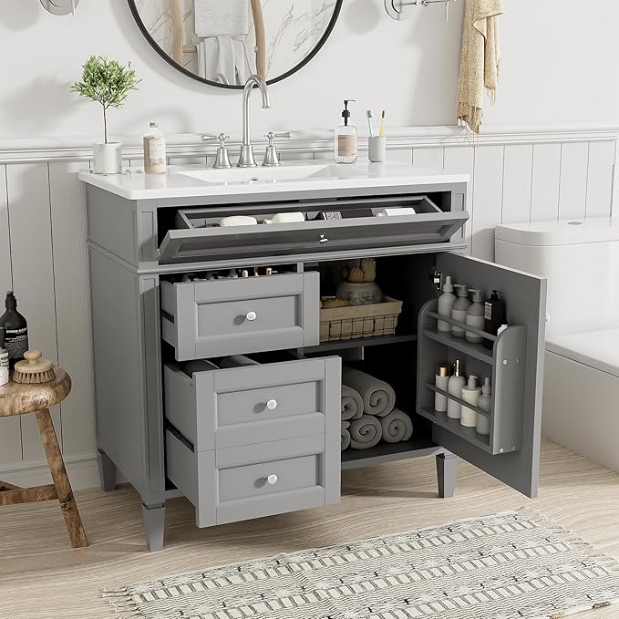 Merax 36 Inch Bathroom Vanity with Top Sink, Modern Bathroom Storage Cabinet with 2 Drawers and a Tip-Out Drawer, Solid Wood Frame Single Sink Bath Vanities, Gray