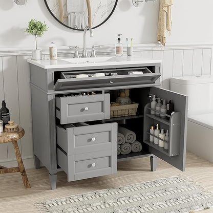 Merax 36 Inch Bathroom Vanity with Top Sink, Modern Bathroom Storage Cabinet with 2 Drawers and a Tip-Out Drawer, Solid Wood Frame Single Sink Bath Vanities, Gray