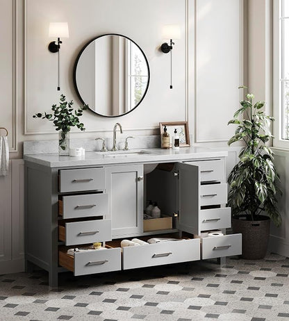 ARIEL Cambridge 60-inch Bathroom Vanity with Sink,Solid Wood, 1.5-inch Italian Carrara Marble Countertop, Single Rectangular Porcelain Sink, 2 Soft Closing Doors, 9 Dovetail Drawers, Grey