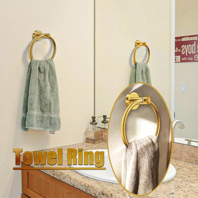 4Pcs Gold Bathroom Accessories Set, Brushed Gold Bathroom Hardware with Toilet Paper Holder,Towel Ring & Robe Hooks,Wall Mounted Stainless Steel Bathroom Hardware for Modern Home