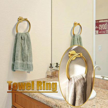 4Pcs Gold Bathroom Accessories Set, Brushed Gold Bathroom Hardware with Toilet Paper Holder,Towel Ring & Robe Hooks,Wall Mounted Stainless Steel Bathroom Hardware for Modern Home