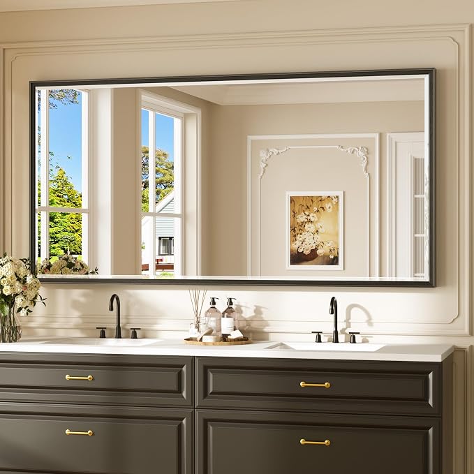 Keonjinn 72" x 36" Black Framed Bathroom Mirrors for Over Sink, Aluminum | HD Tempered Glass with Beveled Edge, Effortless French Cleat Installation, Rectangle Wall Mirror, Hallway, Dinning Room Decor