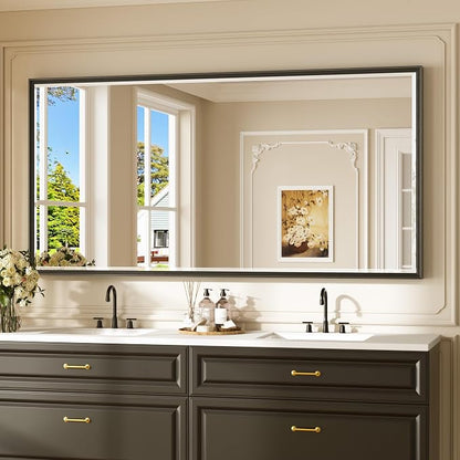 Keonjinn 72" x 36" Black Framed Bathroom Mirrors for Over Sink, Aluminum | HD Tempered Glass with Beveled Edge, Effortless French Cleat Installation, Rectangle Wall Mirror, Hallway, Dinning Room Decor