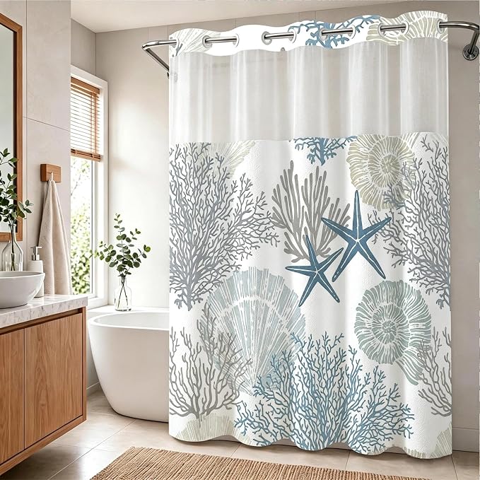 Modern Ocean Cute No Hook Shower Curtain Luxury Nautical Tropical | Kids No Hook Shower Curtain with Snap in Liner, Waterproof Ringless Shower Curtains for Bathroom 72x74 Inch Blue