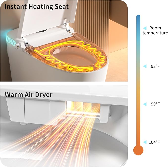 Smart Toilet with Bidet Heated Seat Dual Auto Flush Manual Seat & Lid | Child Mode Warm Water Wash Air Dry Tankless Electric One Piece Toilet for Bathroom with Siphon Dual Flush 0.8/1.2 GPF