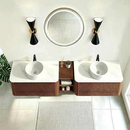 84 Inch Double Vanity with Sink Set, Floating Bathroom Sink Cabinet with Sintered Stone Top&Solid Wood Hammered Frame, Double Bathroom Vanities w/Soft-Close Drawers&1 Side Open Cube