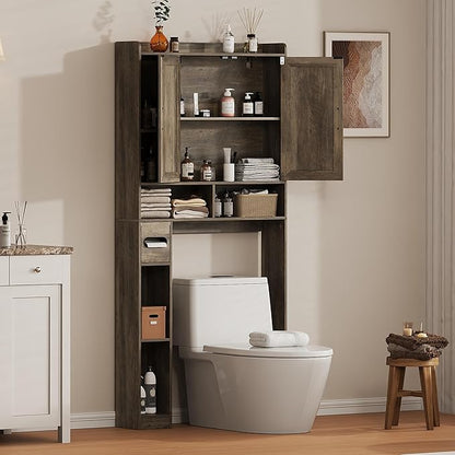 Over The Toilet Storage Cabinet, 31.1”W Bathroom Organizer with Double Doors, Above Toilet Rack, Detachable Toilet Paper Holder for Bathroom & Laundry Room Grey
