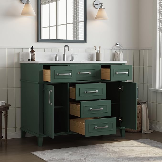 42 Inch Green Bathroom Vanity with Sink, Fully Assembled Bathroom Vanities with Soft Closing Doors & Dovetail Drawers, Solid Wood Vanity with Sink, 42 Inch Vanity for Bathroom