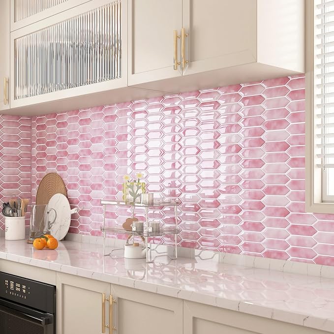 ReWallpaper 17-Sheet Peel and Stick Tile Backsplash Self Adhesive Wall Tiles for Bathroom Waterproof Pink Marble Long Hexagon Stick on Backsplash for Kitchen RV Laundry Room Easy to Install 12x12 inch
