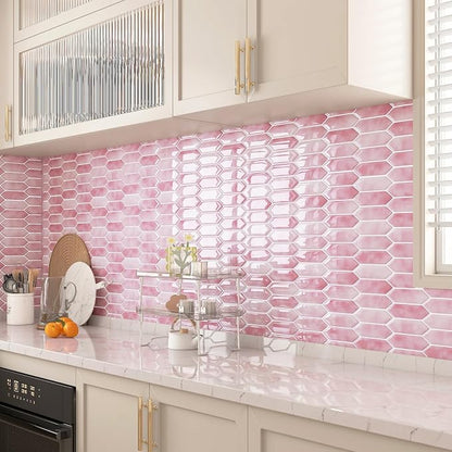 ReWallpaper 17-Sheet Peel and Stick Tile Backsplash Self Adhesive Wall Tiles for Bathroom Waterproof Pink Marble Long Hexagon Stick on Backsplash for Kitchen RV Laundry Room Easy to Install 12x12 inch
