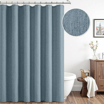 ANRODUO Dusty Blue Linen Textured Fabric Shower Curtain Set - W72xL84 | Farmhouse Shower Curtain with 12 Metal Hooks, Waterproof Heavy Duty, Button Hole Design, Machine Washable for Bathroom