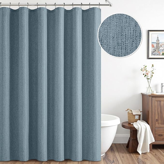 ANRODUO Dusty Blue Extra Long Linen Fabric Shower Curtain Set - W72xL108 | Farmhouse Shower Curtain with 12 Metal Hooks, Waterproof Heavy Duty, Button Hole Design, Machine Washable for Bathroom