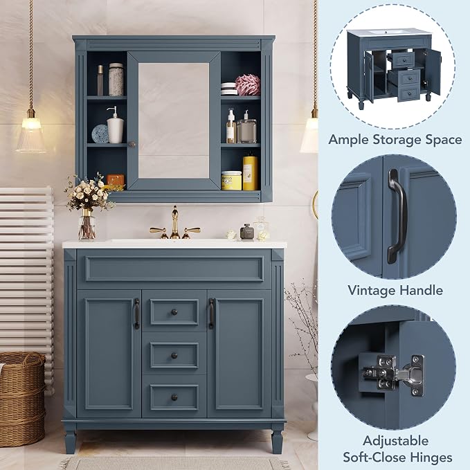 36" Bathroom Vanity with Top Sink, Mirror Cabinet, Modern Bathroom Storage Cabinet with 2 Soft Closing Doors and 2 Drawers, Single Sink Bathroom Vanity