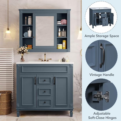 36" Bathroom Vanity with Top Sink, Mirror Cabinet, Modern Bathroom Storage Cabinet with 2 Soft Closing Doors and 2 Drawers, Single Sink Bathroom Vanity