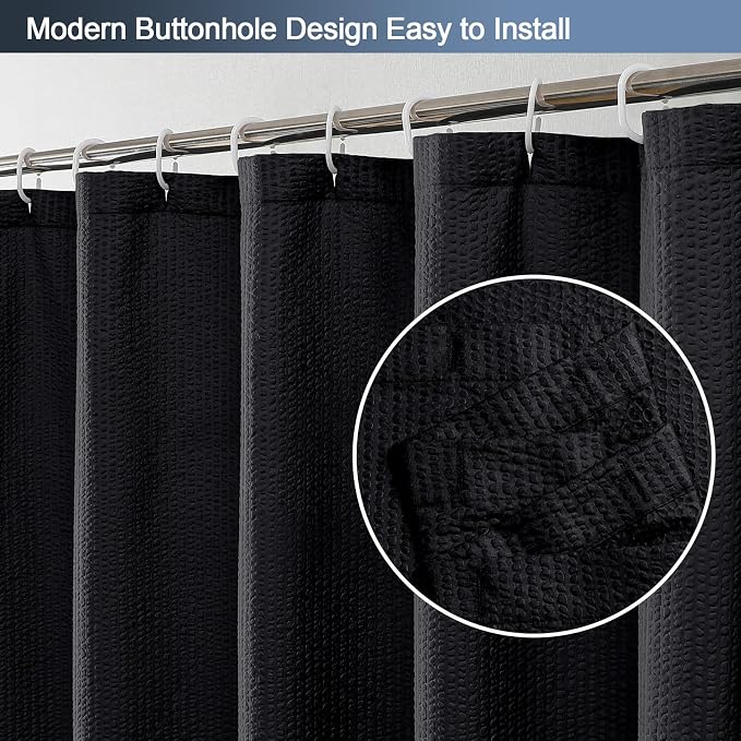 Black Shower Curtain for Bathroom 72x72 Inch, 3D Embossed Textured Waffle Fabric Shower Curtains, Soft Hotel Farmhouse Style, Water Repellent, Machine Washable, Black, 72" W x 72" L